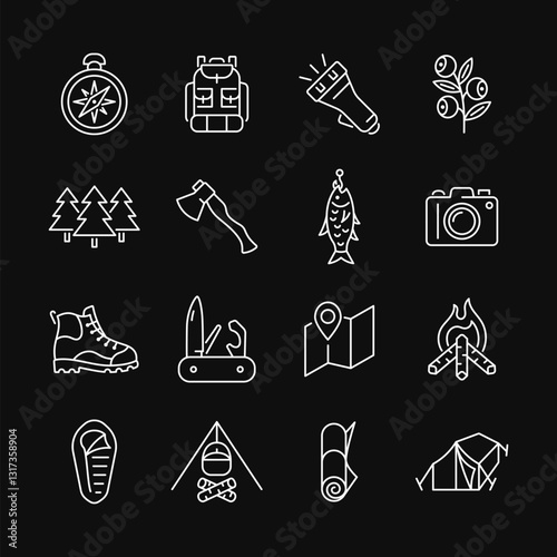 Сamping line white icon set on black background. Tourist vector symbols include compass, backpack, berry, forest, fish, camera, pocket knife, tent. Editable stroke. photo