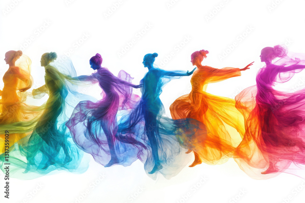 Obraz premium Silhouettes of diverse women gracefully dance, draped in vibrant, flowing fabrics, creating a colorful and dynamic display against a white backdrop.