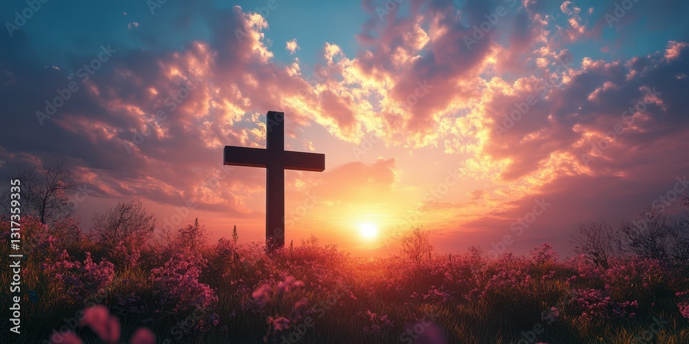 Sunset illuminates a cross surrounded by blooming flowers in a serene landscape Sunset illuminates a cross surrounded by blooming flowers in a serene landscape