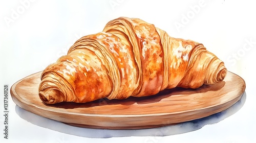 Delicious Golden Brown Croissant on Wooden Plate Watercolor Painting Bakery Food