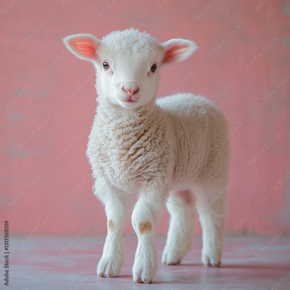 Fototapeta premium A fluffy lamb stands against a soft pink backdrop its pristine fleece contrasting with the pastel hue Innocence and charm radiate from its gentle gaze