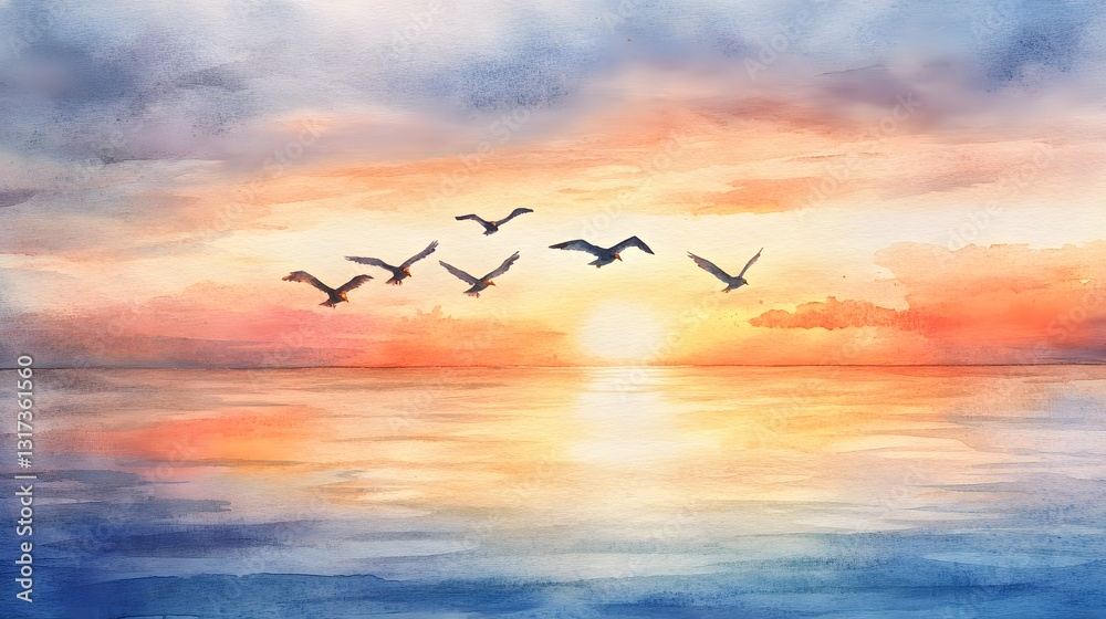 Fototapeta Serene Sunset Seascape Watercolor Painting Birds Flying Over Ocean