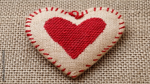 Red heart stitched on burlap.