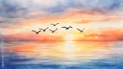 Serene Sunset Seascape Watercolor Painting Birds Flying Over Ocean