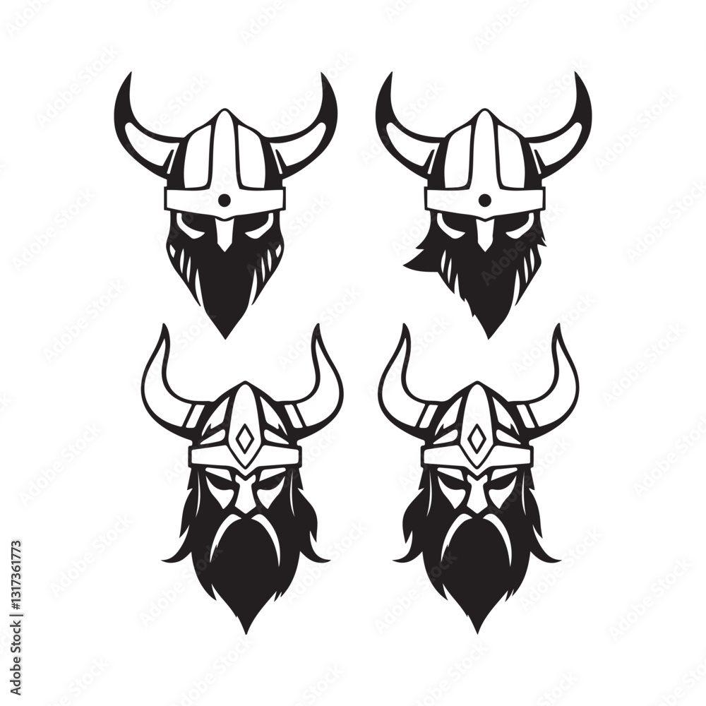 Viking symbols, stylized bull heads, black and white illustrations