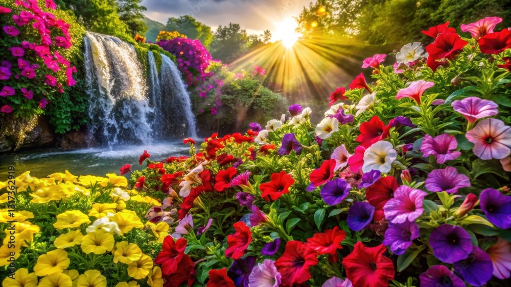 Obraz premium A cascading waterfall with colorful blossoms in the foreground, bathed in the warm glow of a setting sun.