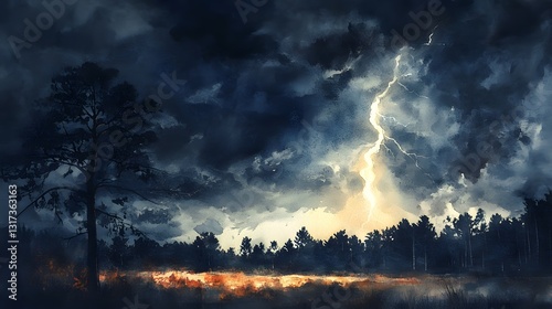 Dramatic Thunderstorm Landscape with Lightning Strike over Forest