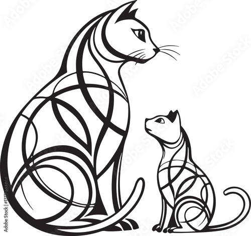 Elegant Black and White Abstract Cat Illustration – Stylized Feline Art