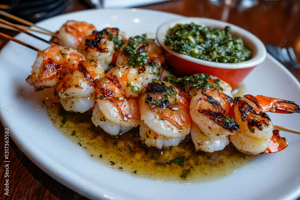 Grilled shrimp skewers served with herb sauce create a delicious dining experience Grilled shrimp skewers served with herb sauce create a delicious dining experience