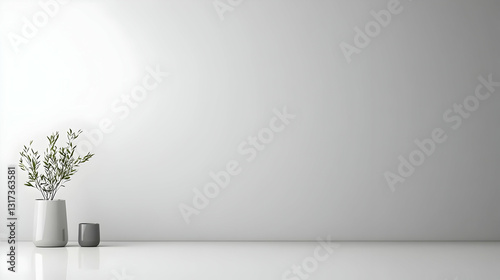 Minimalist Interior Design Featuring A Green Plant In A White Vase On A White Background With Subtle Lighting