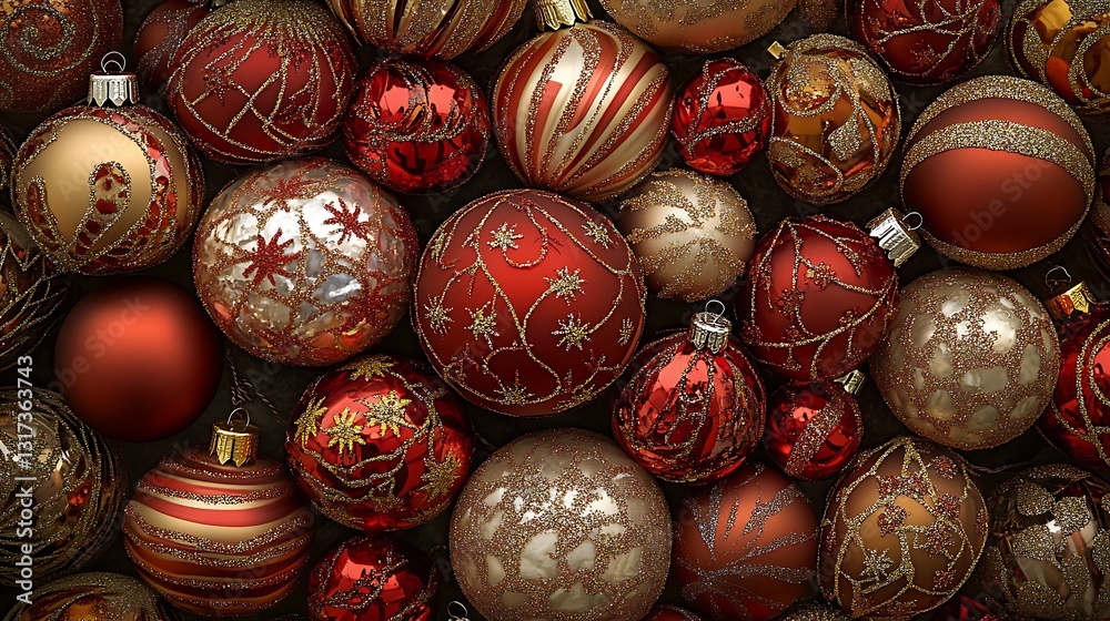 Red and gold Christmas ornaments background. Red and gold Christmas ornaments background.
