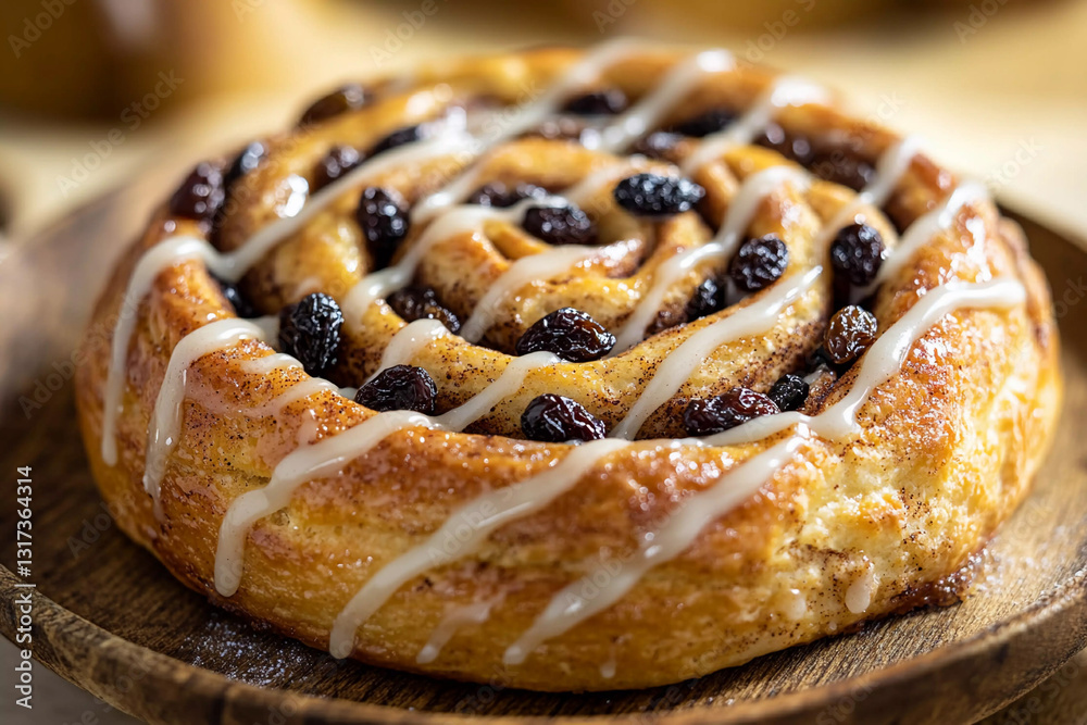 Delicious cinnamon roll with raisins and icing on a wooden plate in a cozy kitchen setting Delicious cinnamon roll with raisins and icing on a wooden plate in a cozy kitchen setting