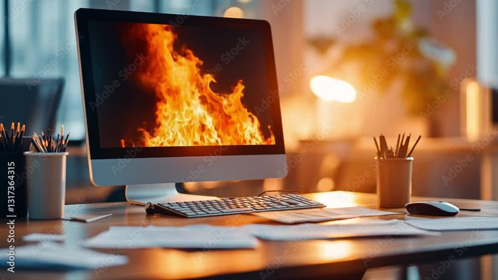 Digital Inferno: A modern computer workstation, complete with monitor, keyboard, and desk accessories, sits illuminated. the image shows a monitor display of fire