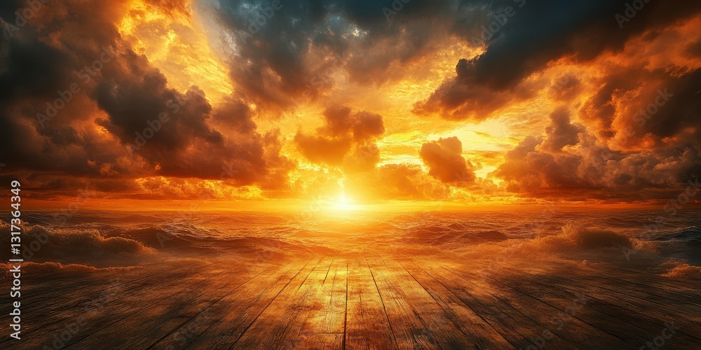 Dramatic sunset over the ocean with golden hues and stormy clouds at a seaside location Dramatic sunset over the ocean with golden hues and stormy clouds at a seaside location