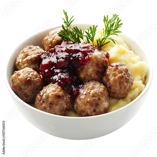 A Bowl of Swedish Meatballs with Lingonberry Sauce Isolated on Transparent Background