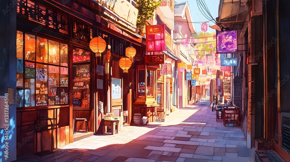 Naklejka premium Sunny Day in a Vibrant Asian Street Market with Traditional Shops and Lanterns