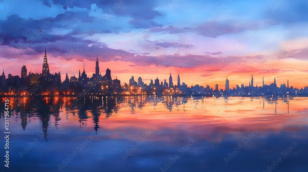 Obraz premium Serene Cityscape at Sunset Waterfront Skyline Reflection in Vibrant Colors
