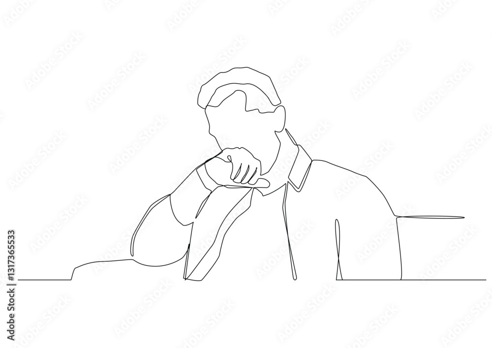 Continuous one line art of a crying man, his hand pressed to his face. Continuous one line art of a crying man, his hand pressed to his face.