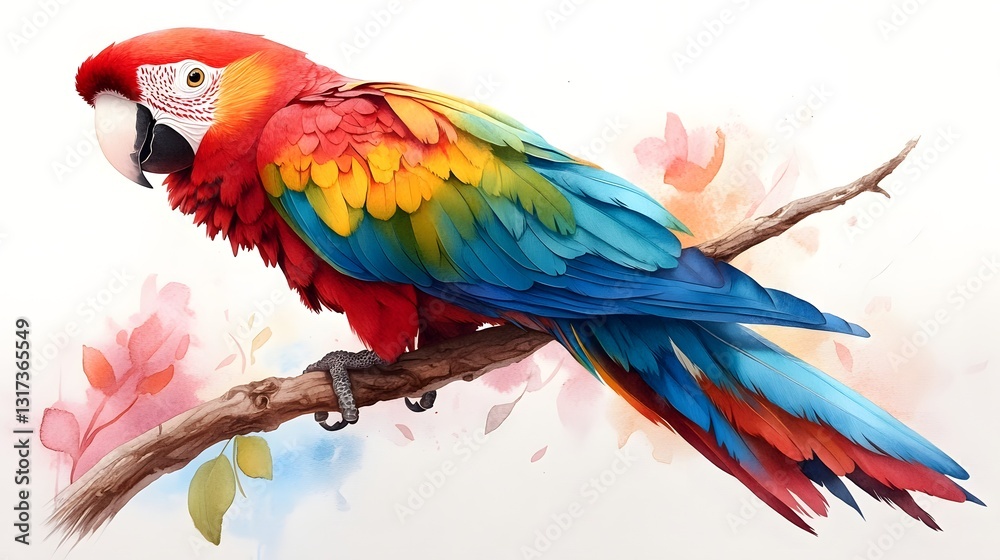 Obraz premium Vibrant Scarlet Macaw Perched on Branch Watercolor Painting Artwork
