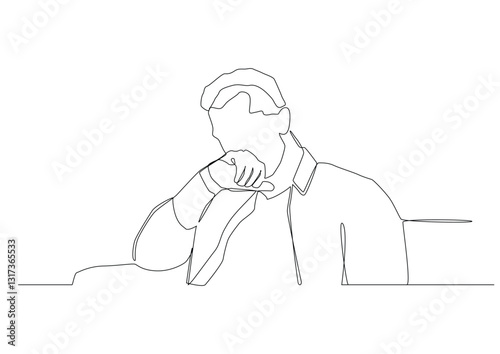 Continuous one line art of a crying man, his hand pressed to his face.