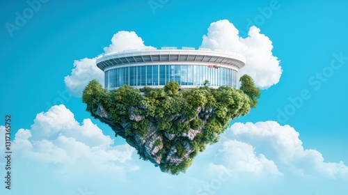 Floating Island Stadium in a Fantasy World Surrounded by Clouds and Blue Sky
