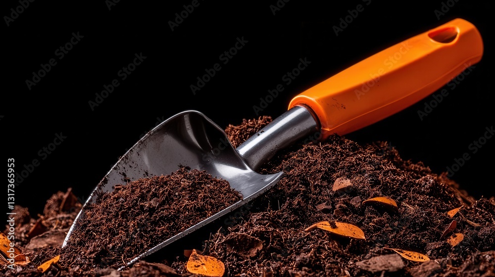 Gardening trowel resting on rich brown soil, black background.