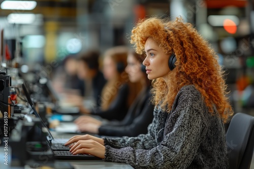 Wallpaper Mural A young woman with curly red hair works on her laptop in a bustling, modern tech workspace. Torontodigital.ca