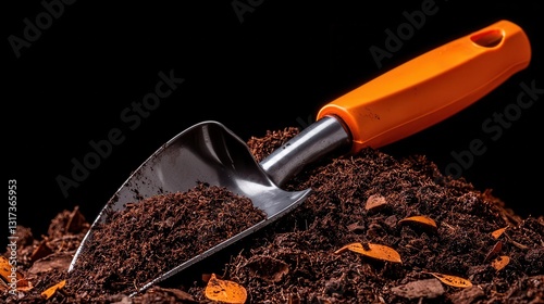 Obraz na płótnie Gardening trowel resting on rich brown soil, black background. w salonie