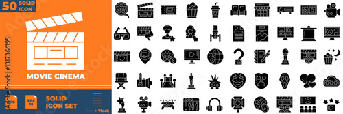 Movie Cinema icon set. Containing camera, play, pause, media, online video,and more. Solid vector icons collection.