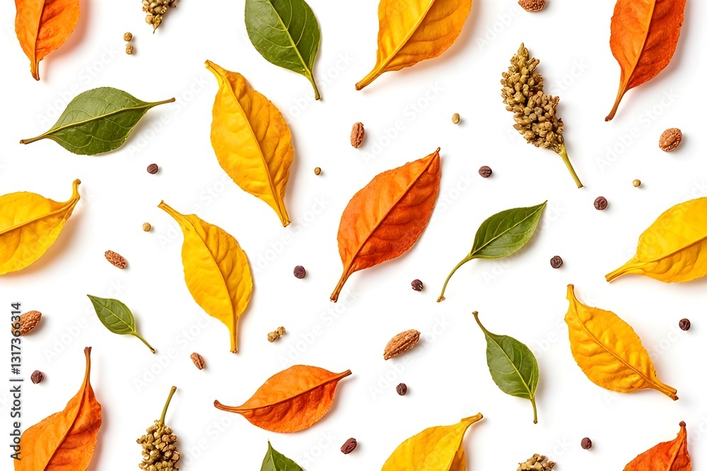 Obraz premium Autumn Leaves Pattern on White Background with Seeds and Spices