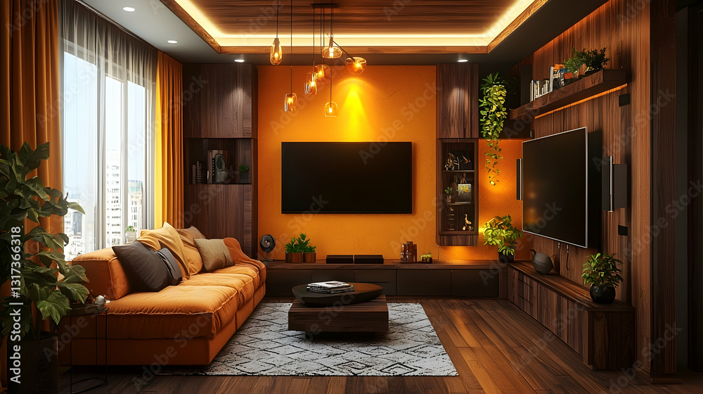 Fototapeta premium Modern orange living room with media wall, city view, home entertainment setup