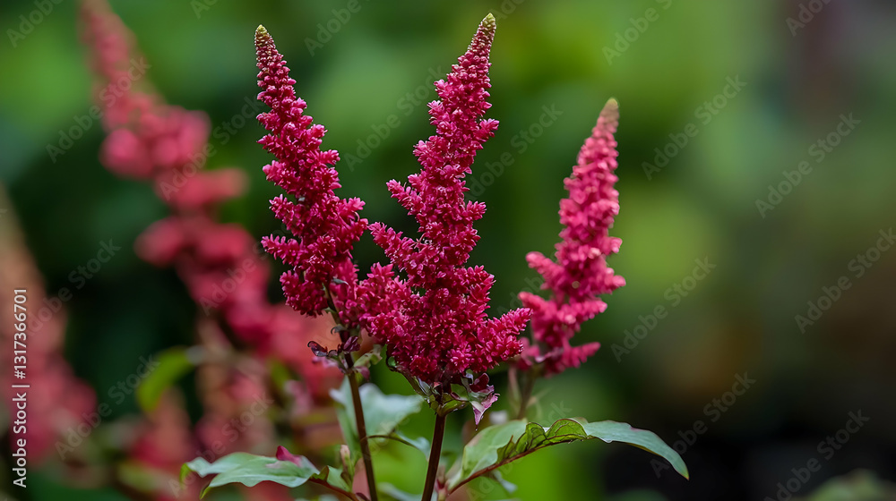 Red Astilbe Flowers In Bloom With Dark Green Blurred Background Red Astilbe Flowers In Bloom With Dark Green Blurred Background