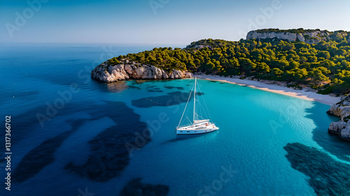 Aerial View of White Sailboat in Turquoise Bay near Secluded Green Island Beach on Sunny Summer Day