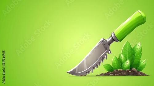 Gardening knife with green handle on vibrant green background. photo