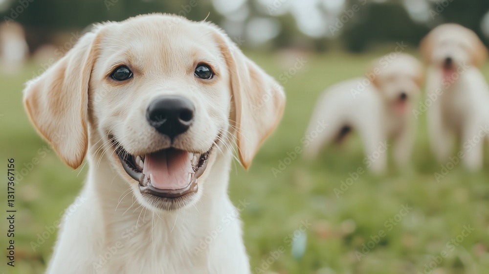 Smiling puppy portrait outdoors on green grass Cute dog face close-up Adorable pet with playful expression looking at the camera Smiling puppy portrait outdoors on green grass Cute dog face close-up Adorable pet with playful expression looking at the camera