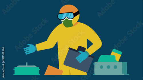 Safety Gear and EWaste An of a person wearing safety gear gloves goggles while sorting through a pile of ewaste addressing the safety concerns associated with improper