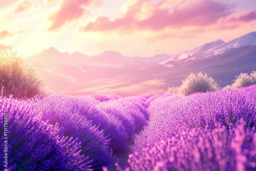 Obraz premium Lavender fields in full bloom with mountain backdrop. Neural network AI generated