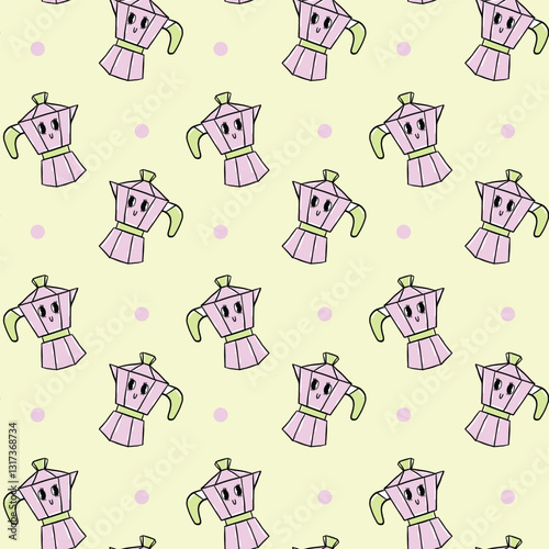 Seamless kawaii pattern featuring hand-drawn moka pots with adorable smiling faces, set against a soft green background with dotted accents, Vector Illuatration