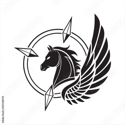 Stylized Black and White Pegasus Illustration