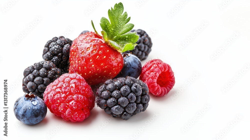Macro Shot of Fresh Berries with Dew Drops on a Clean White Background Macro Shot of Fresh Berries with Dew Drops on a Clean White Background