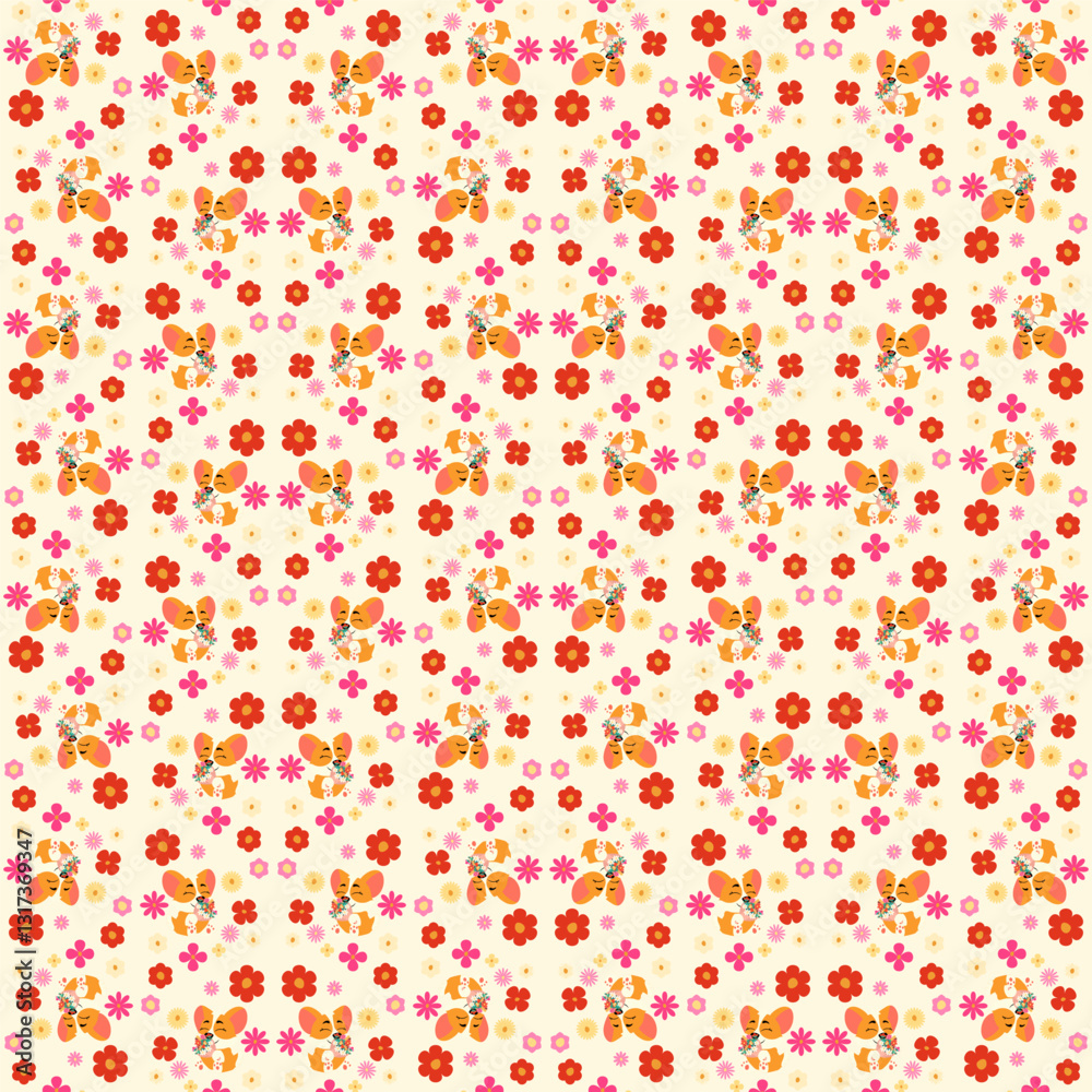 Seamless floral pattern with corgis and vibrant flowers on a soft beige background. Ideal for textiles, wallpapers, gift wrapping, scrapbooking, and stationery Seamless floral pattern with corgis and vibrant flowers on a soft beige background. Ideal for textiles, wallpapers, gift wrapping, scrapbooking, and stationery