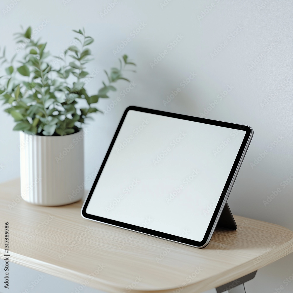 A tablet mockup featuring a large, high-resolution screen, perfect for presentations, entertainment, and creative work, resting on a minimalist wooden desk A tablet mockup featuring a large, high-resolution screen, perfect for presentations, entertainment, and creative work, resting on a minimalist wooden desk