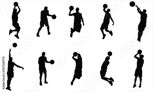  Basketball player's silhouettes set is isolated on a white background