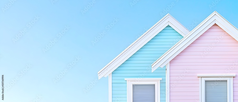 A row of small houses with pink and blue roofs A row of small houses with pink and blue roofs