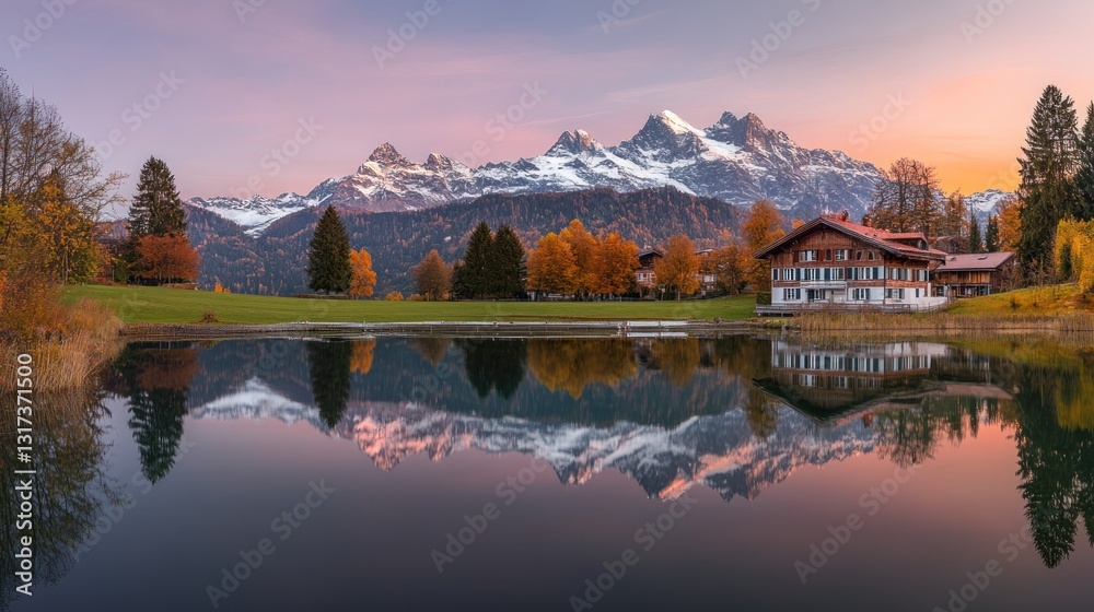 Serene alpine village reflected in a tranquil lake at sunrise. Colorful autumn foliage surrounds the picturesque houses nestled against snow-capped mountains Serene alpine village reflected in a tranquil lake at sunrise. Colorful autumn foliage surrounds the picturesque houses nestled against snow-capped mountains