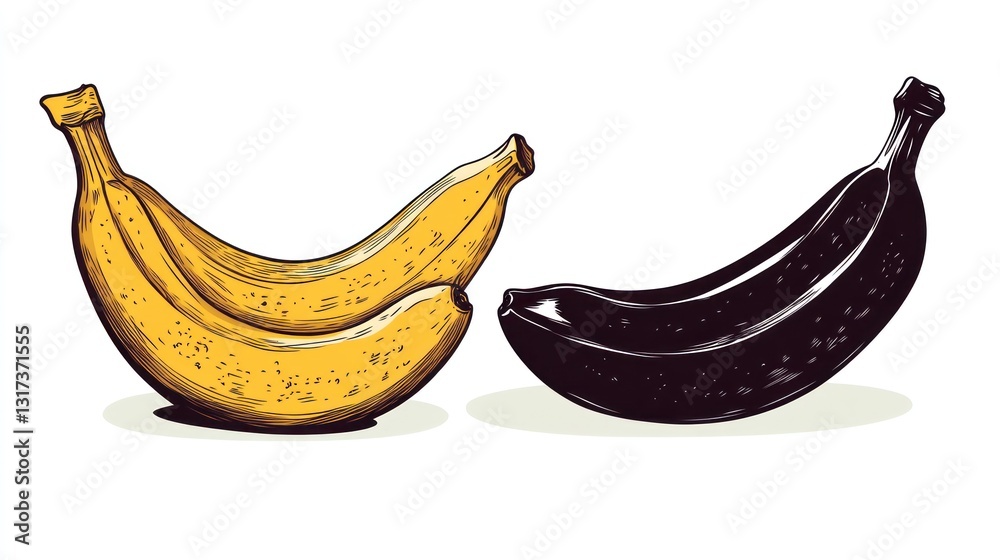 Ripe and unripe bananas, illustration, food graphic, healthy eating
