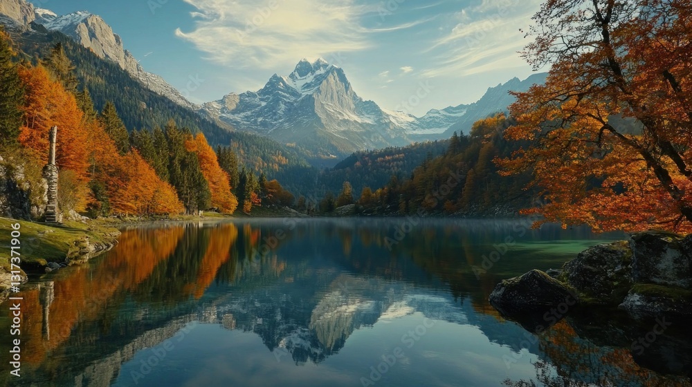 Naklejka premium Autumnal alpine lake reflecting majestic peaks