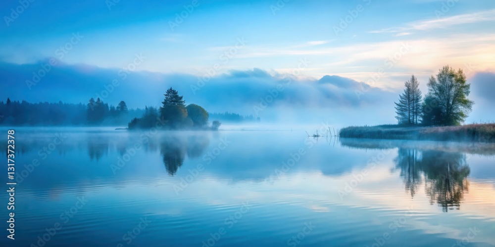 Fototapeta premium A serene lake mirroring the soft hues of a misty dawn with distant trees and a gentle breeze