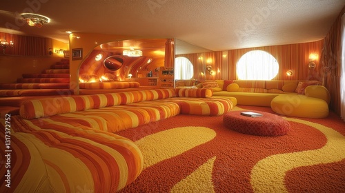 Retro living room interior with orange and yellow shag carpet, curved furniture, and wood paneling. Warm lighting enhances the 1970s aesthetic.