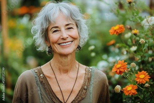 Smiling Elderly Woman Enjoying a Colorful Flower Garden on a Sunny Day